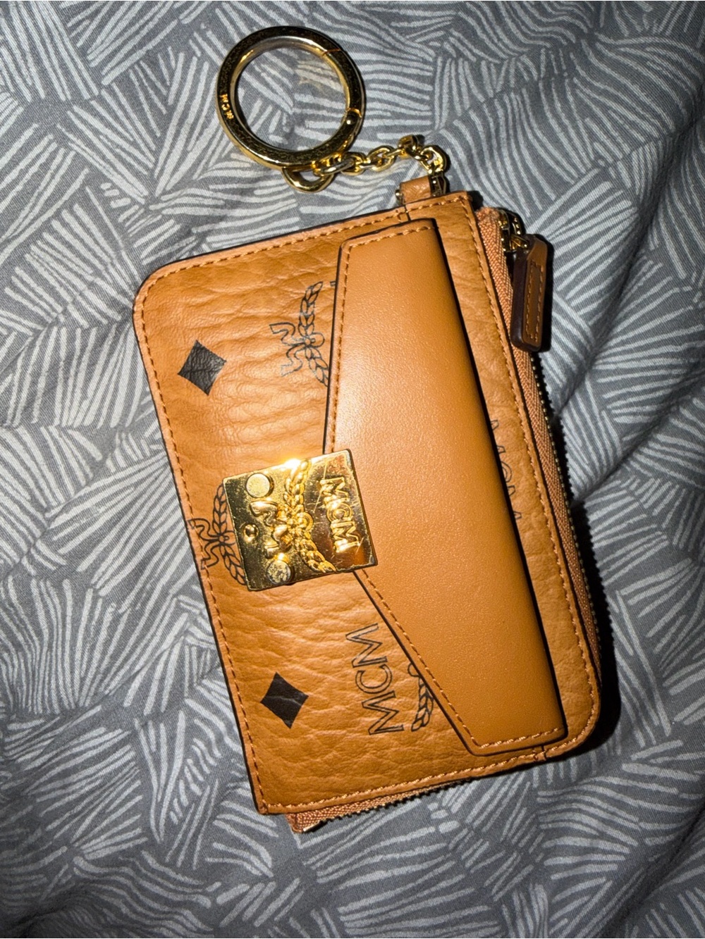 MCM Cognac Tan Leather Card Holder Key Pouch with Gold Hardware